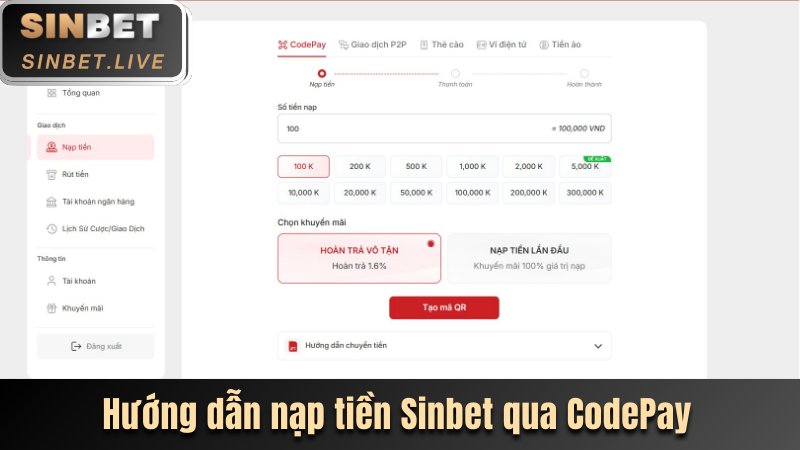 huong dan nap tien sinbet qua codepay